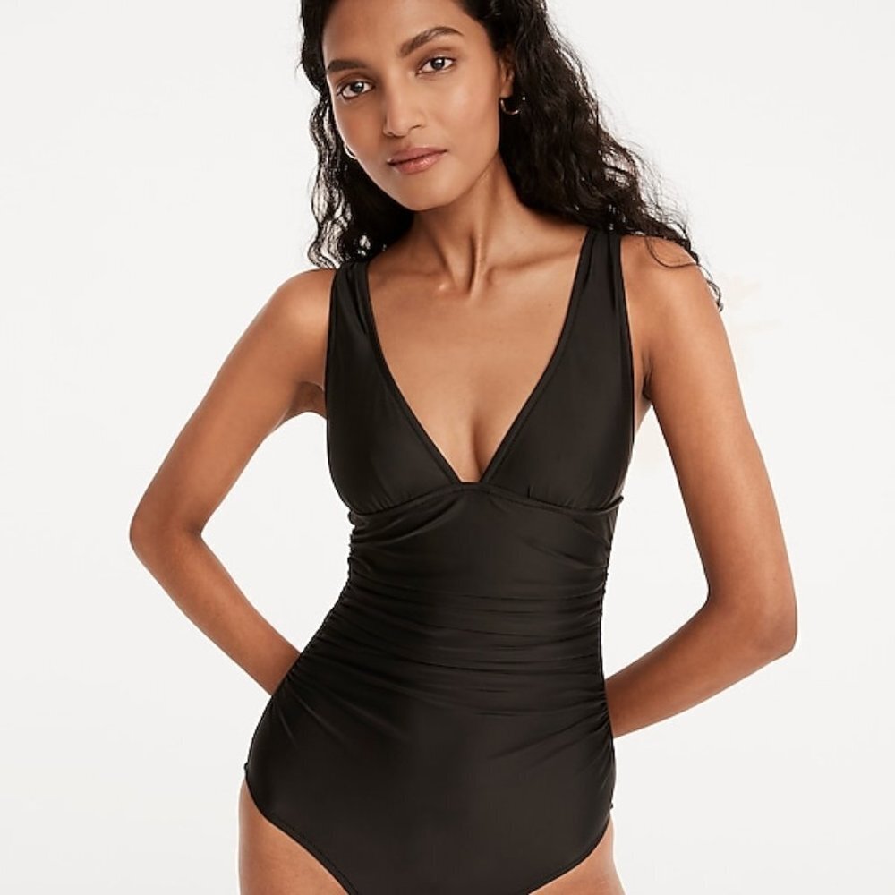 New J. Crew Ruched Black V-neck One-Piece P854